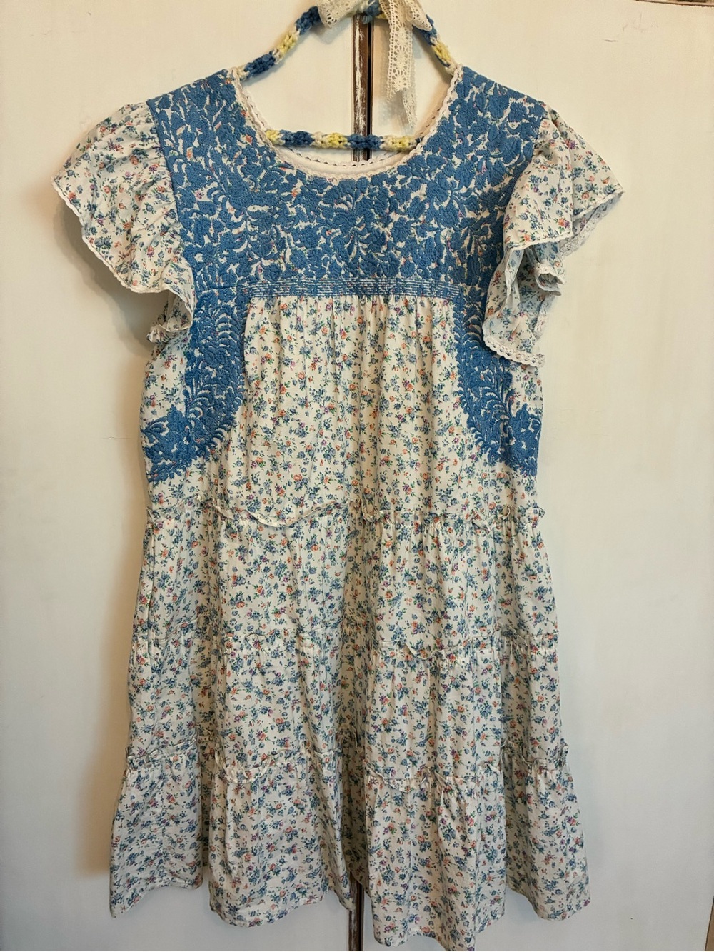 j.marie Blue Floral Tiered Dress with Lace Yoke